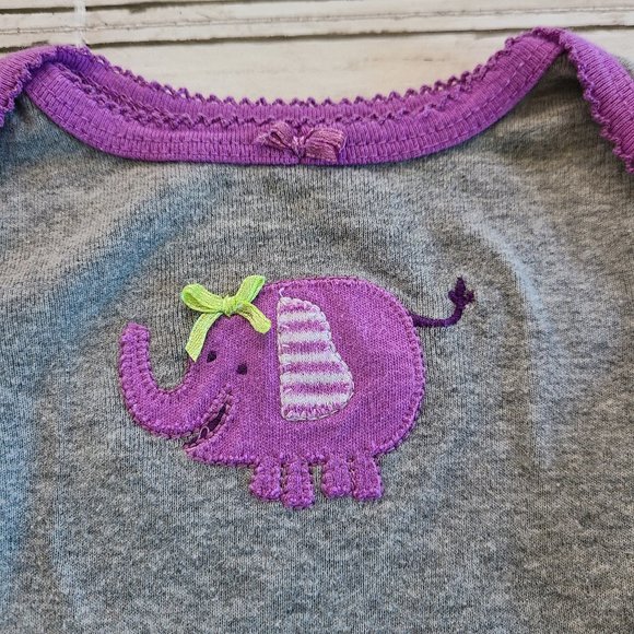 ♡ 5/$20 - Circle Girl's Gray Purple Elephant Long Sleeve Bodysuit 0-3mo. - Picture 4 of 6